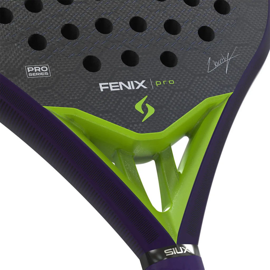 Siux Fenix Pro Glow Purple 2026 Herzstück-Detail in Limegrün mit Fenix Pro Logo