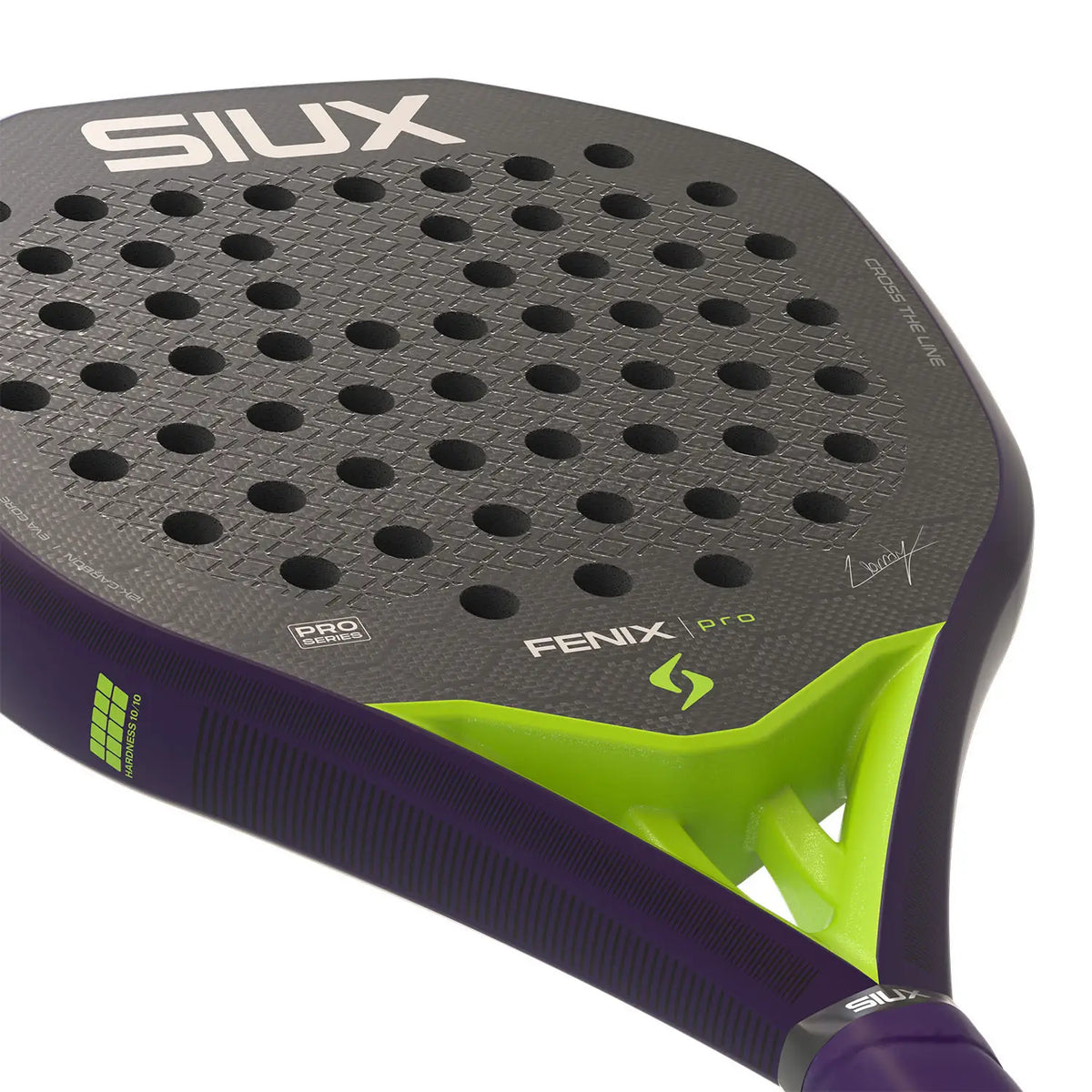 Siux Fenix Pro Glow Purple 2026 Nahaufnahme der rauen 3D-Carbon-Schlagfläche