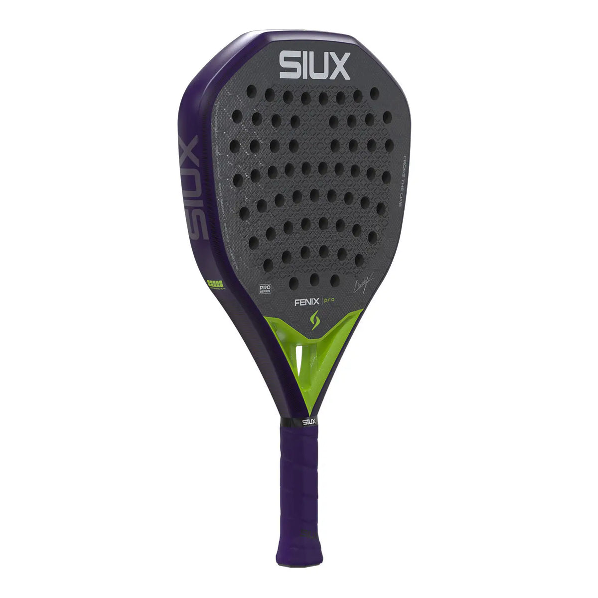 Siux Fenix Pro Glow Purple 2026 Padelschläger schräg von links mit lila Rahmen