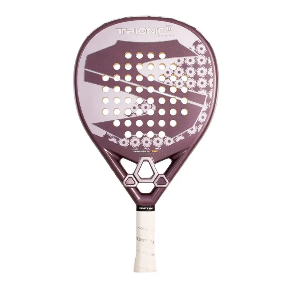 Softee Trionic Light Padelschläger – Frontansicht lila-weiß mit Spiralmuster, Goldlöchern und weißem Grip