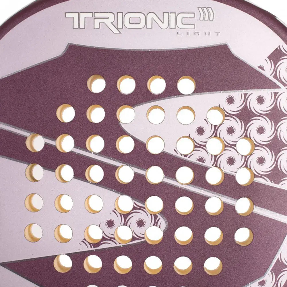 Softee Trionic Light – Schlagfläche Nahaufnahme mit Trionic Light Schriftzug, Goldlöchern und Spiraldesign